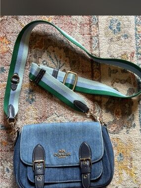 Coach Blue Denim Lucy Crossbody with Green & Light Blue Striped Strap